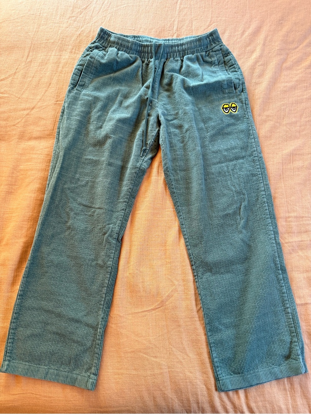 Men's Teal Corduroy Drawstring Pants with Eye Patch